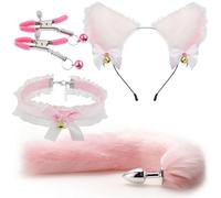 Cute Fox Tail Anal Plug Bow-Knot Soft Cat Ears Headbands Collar Erotic Cosplay Couples Accessories SM Sex Toys For Female Male(4pcs-pink)