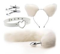 Cute Fox Tail Anal Plug Cat Ears Headbands Set Nipple Clip Neck Collar Erotic Cosplay Sex Toys For Women(White)