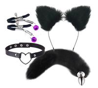 Cute Fox Tail Anal Plug Cat Ears Headbands Set Nipple Clip Neck Collar Erotic Cosplay Sex Toys For Women(Black)