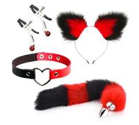 Cute Fox Tail Anal Plug Cat Ears Headbands Set Nipple Clip Neck Collar Erotic Cosplay Sex Toys For Women(Black Red)