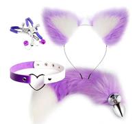 Cute Fox Tail Anal Plug Cat Ears Headbands Set Nipple Clip Neck Collar Erotic Cosplay Sex Toys For Women(Purple White)