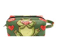 Cute Frogs Hold Various Heart Women Cosmetic Bag Beauty Bag, Portable Hanging Travel Toiletry Bag, Leather Make Up Pouch Kids Pencil Case, Multicolore 01, 8.2x3.1x3.5 in/21x8x9 cm