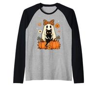 Cute Ghost Black Cat Leopard Bow Halloween Autumn Spooky Maglia con Maniche Raglan