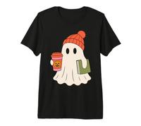 Cute Ghost Halloween Reading Coffee Fall Theme Maglietta Premium