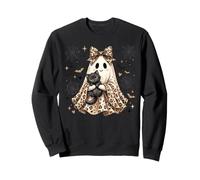 Cute Ghost Holding Black Cat Halloween Leopard Bow Ragazze Felpa