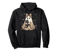 Cute Ghost Holding Black Cat Halloween Leopard Bow Ragazze Felpa con Cappuccio