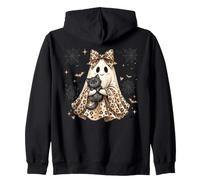 Cute Ghost Holding Black Cat Halloween Leopard Bow Ragazze Felpa con Cappuccio