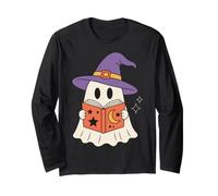 Cute Ghost Reading Book Halloween Witch Hat Bookworm Maglia a Manica