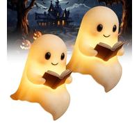 Cute Ghost Reading Book Lamp, Ghost Reading Lantern, Halloween Light Up Ghost Statue Night Light with Smile, Ghost Lamp Night Light, Halloween Funny Decor for Bedroom Living Room (2pcs,21cm)