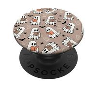 Cute Ghost Reading Books Retro Groovy Spooky Beige Pattern PopSockets PopGrip Adesivo