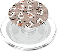Cute Ghost Reading Books Retro Groovy Spooky Beige Pattern PopSockets PopGrip per MagSafe
