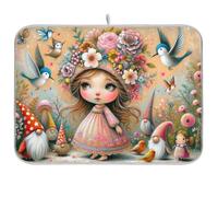 Cute Girl Birds Around Gnomes Flowers piatto stuoia di essiccazione del piano di lavoro della cucina decorazione scolapiatti stuoie per il bancone della cucina lavabile in lavatrice stuoia di
