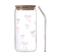 Cute Glass Cups - Bow Print Drinkware | Stainless Straw Tumblers Elegant Bow Print Drinking Glassware Set Luxury B́ow Pattern Clear Glass Tumblers Straw Lid for Kitchen Home Party Drinkware Set