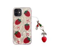 Cute Glitter Strawberry Phone Case with Charm for iPhone 12/12 pro,Kawaii Polka Dot Design Aesthetic fruit summer Phone Cases Girly Women，Never Fade ，1.5mm Raised Edges Protect (with Charm, 6.1”)