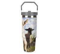 Cute Goat - Bicchiere da 880 ml con cannuccia, tazza da viaggio isolata in acciaio inox con manico, design a doppia parete, coperchio a prova di perdite, mantiene le bevande calde/fredde per ore