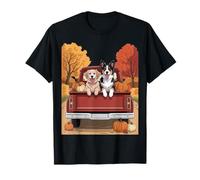 Cute Golden Retriever And Border Collie Fall Pumpkin Truck Maglietta