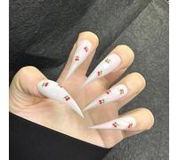 Cute Hand Drawn Cherry Claw Press on Nails Long Stiletto Gothic Punk Style Reusable Thick Acrylic Press on Nails Cat Dragon Eagle Claw False Nail with Designs Glossy Glue on Nail (XS)