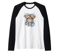 Cute Highland Cow with Blue Bow Winter Snowflake Design Maglia con Maniche Raglan