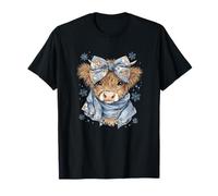 Cute Highland Cow with Blue Bow Winter Snowflake Design Maglietta