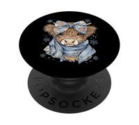Cute Highland Cow With Blue Bow Winter Snowflake Design PopSockets PopGrip Adesivo