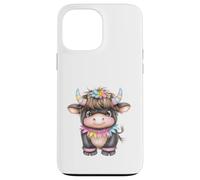 Cute Highland Cow with Rainbow Horns Kawaii Baby Cow Flower Custodia per iPhone 13 Pro Max