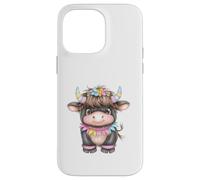 Cute Highland Cow with Rainbow Horns Kawaii Baby Cow Flower Custodia per iPhone 14 Pro Max