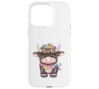 Cute Highland Cow with Rainbow Horns Kawaii Baby Cow Flower Custodia per iPhone 15 Pro Max