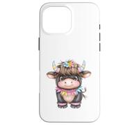 Cute Highland Cow with Rainbow Horns Kawaii Baby Cow Flower Custodia per iPhone 16 Pro Max