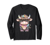 Cute Highland Cow with Rainbow Horns Kawaii Baby Cow Flower Maglia a Manica