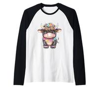 Cute Highland Cow with Rainbow Horns Kawaii Baby Cow Flower Maglia con Maniche Raglan