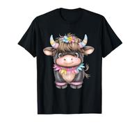 Cute Highland Cow with Rainbow Horns Kawaii Baby Cow Flower Maglietta