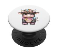 Cute Highland Cow with Rainbow Horns Kawaii Baby Cow Flower PopSockets PopGrip Adesivo