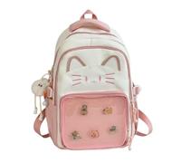 Cute Kawaii Cat Ita Backpack with Pin Display, Kawaii Cat Ita Bag Backpack, Cute Transparent Y2k Style, Travel School Bag with Plush Charm & 5 Badges (Pink)