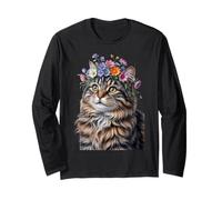 Cute Kitten Cat Flower Floral Garden Maglia a Manica