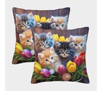 Cute Kittens with Tulips Federe Cuscini Per Divano Decorative Art Fodere Per Cuscini Set 2 Pezzi Moderni Per Divani Giardino 40x40cm