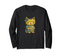 Cute Kitty Cat Godendo Boba Bubble Tea Opere Maglia a Manica