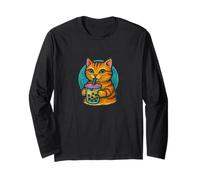 Cute Kitty Cat Godendo Boba Bubble Tea Opere Maglia a Manica