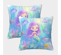 Cute Mermaid Underwater-Cartoon Ocean Fantasy Federe Cuscini Per Divano Decorative Art Fodere Per Cuscini 2 Pezzi Quadrate Cerniera Invisibile Per Soggiorno Camera Sofà 40x40cm