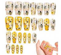 Cute Nails Press On - Cute Press On Nails Jelly Glue | Manicure Art Accessories | Glue On Nails For Girls | Set di 24 Bee and Flower False Fingernail For Girls Women