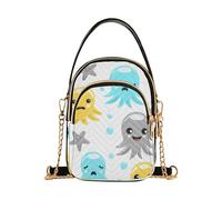 Cute Octopuses Starfish White Single Shoulder Bags Chain Strap Cell Phone Handbag Floral Print Zipper Satchel Crossbody Tote, 15 cm × 21,1 cm × 7,9 cm