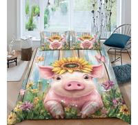Cute pig with sunflowerSet Di Copripiumino ultra microfibra 3 pezzi motivo 3D con cerniera Farm animal art copripiumino con federe traspirante ultra morbido for ragazze King（220x240cm）