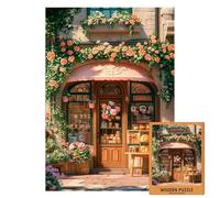 Cute Pink Bakery Wooden Puzzle | Floral Shop with Plush Toys & Pastries | Cozy Girly Café Jigsaw for Women, Teens and Cottagecore Decor (S-50PECES)