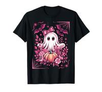 Cute Pink Ghost with Bow Kawaii Halloween Pumpkin Bat Girls Maglietta