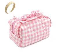 Cute Plaid Quilted Makeup Bag,Mini Gingham Cosmetic Toiletry Bags,Portable Aesthetic Travel Pouch Purse for Women