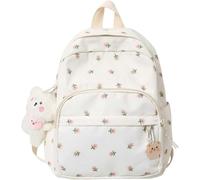 Cute Preppy Backpack with Pendant Mini Floral Printed Backpack Cottagecore Coquette Aesthetic Bag Kawaii Laptop Backpack (One Size,White)