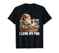 Cute Pug Dad Gnome In A Floral Flower Basket I Love My Pug Maglietta