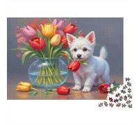 Cute Puppy with Tulips Colourful White Puppy with Tulips 1000 Pcs Puzzle for Adults Beautiful Decoration Puzzle Fun Present 52x38cm/1000pcs