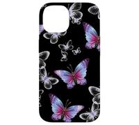 Cute Purple and Blue Butterfly Pattern Nature On Black Custodia per iPhone 14