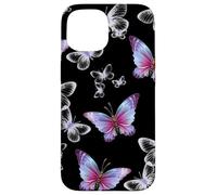 Cute Purple and Blue Butterfly Pattern Nature On Black Custodia per iPhone 15