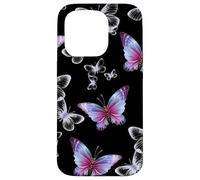 Cute Purple and Blue Butterfly Pattern Nature On Black Custodia per iPhone 15 Pro